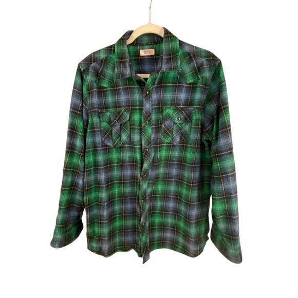Route66 Mens Green & Blue Plaid Long Sleeve Cabin CoreButton-Up Shirt Casual Wes - Picture 11 of 11
